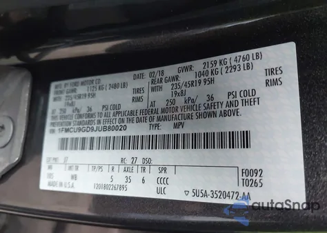 2018 Ford Escape Se from USA, damaged, VIN 1FMCU9GD9JUB80020